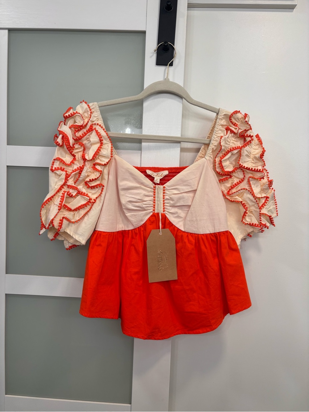 Smocked Ruffle Puff Sleeve Crop Top - orange & Cream